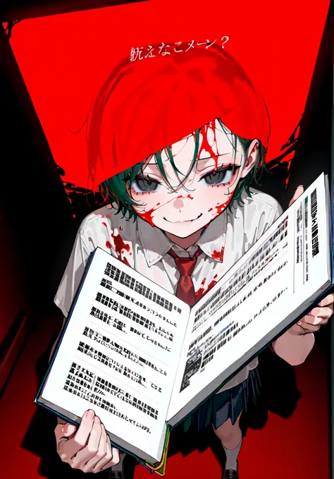 ((short hair, dark green hair, ((no hair bangs)), red necktie, (walnut_brown_long_sleeves_hoodie:1.1), blood on clothes, shirt, blood on face, slightly_messy_hair, white shirt, ((messy shirt)), 1girl, unbutton collared shirt, black eyes, smug smile)), skir...