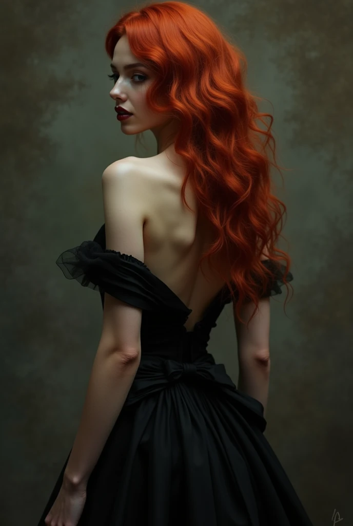 I want a picture ,  with a redhead with wavy hair up to her tail ,  wearing a black dress with an open neckline at the back ,a gothic but realistic background .  This redhead is very sensual thin but curvy 