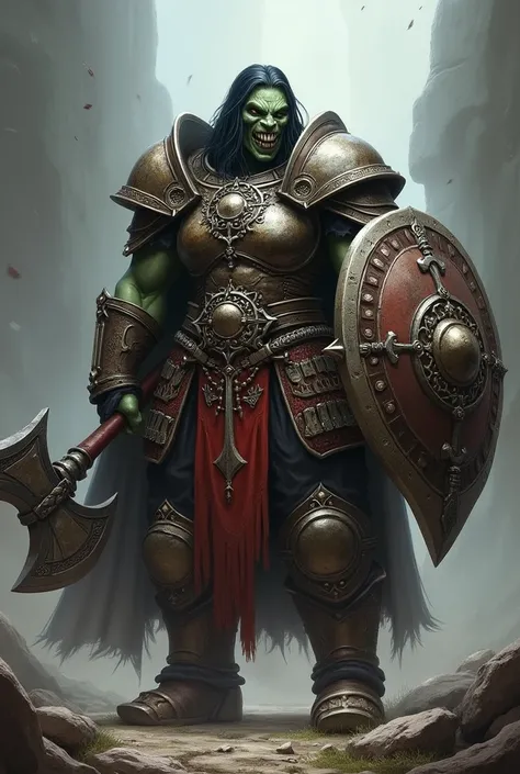 Muscle Women orc cleric who wear mask heavy armor one hand with shield and one hand with mace