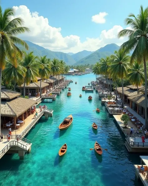 create a luxury beautiful, tropical harbor scene with the following details
Harbor/Inlet: The central focus is a body of water, likely a harbor or inlet, extending into the distance. The water is a clear, turquoise blue, suggesting a shallow depth and heal...