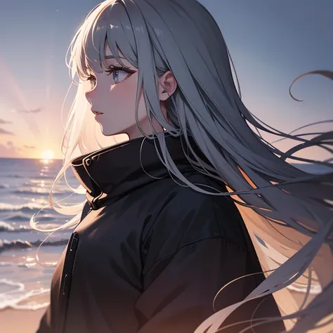 Profile,Very pretty long gray hair, to wear black,one person,girl