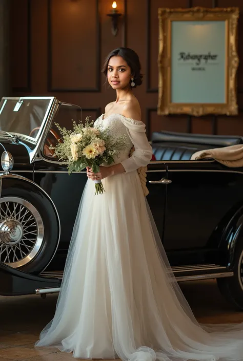 Photoshot. Beautiful woman wearing a very beautiful dress and wearing a long cloth on her shoulders. Carrying flowers while posing in a classic antique car in a very nice and luxurious studio space, there is a signboard called Ridwangrapher