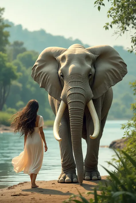 A white colour asian tusker with long tusks
Walk with a long curly hair young lady at minneriya river border 