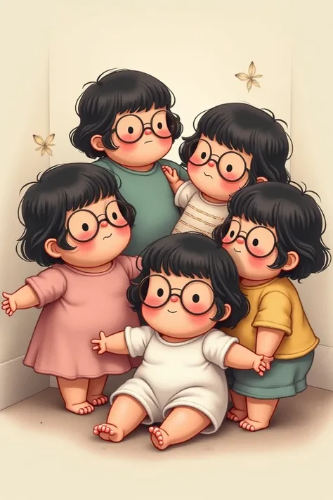  A drawing of a chubby doll litter, dark hair without bangs ,  wearing glasses 