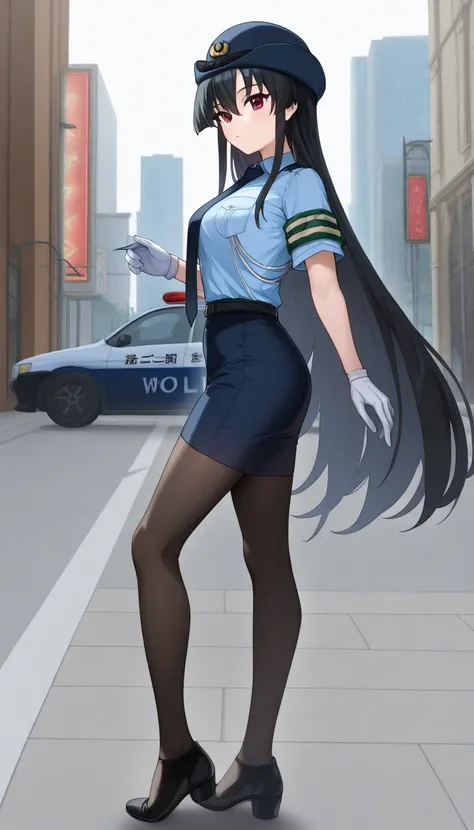 masterpiece, best quality, very aesthetic,1girl, Akame,red_eyes, black_hair, very_long_hair, hair_between_eyes, looking at viewer,police, police uniform, policewoman, uniform, japan national police, gloves, white gloves, police hat, hat, shirt, collared sh...