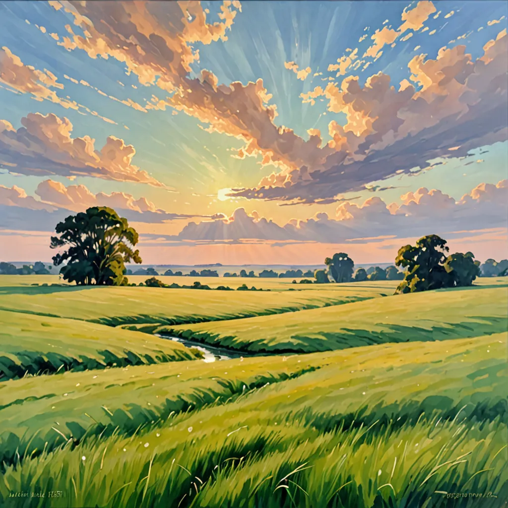   A plain of green grass ,  soft ripples ,  verdant meadow. Clear and blue skies,  slightly orange and pink clouds,   lush clouds . luminous, Landscape painting