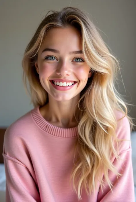 Create a 22-year-old girl with blue eyes, wavy blond hair with a pink sweater