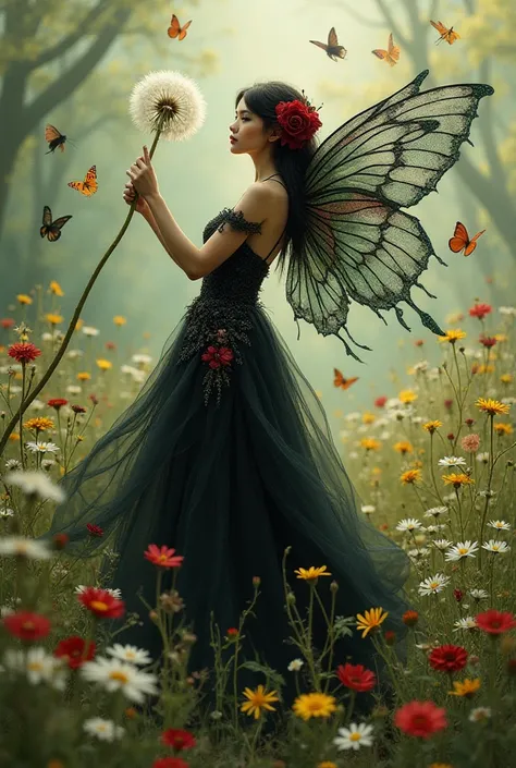 An ethereal and eerily beautiful fairy, dressed in a flowing black and burgundy dress with burgundy flowers, translucent black lace wings and green glitter edges, she hangs gracefully under a dandelion and flies over a lush beautiful flower meadow, colorfu...