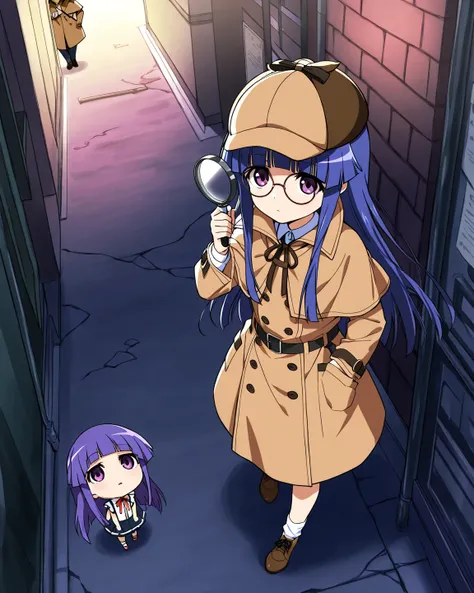 score_9, score_8_ up  , score_7_ up  
 BREAK
 source_anime, best quality , Masterpiece
 BREAK 
( chibi),  1girl , Alone,rika furude, long hair, bangs, blue hair, purple eyes, blunt bangs, purple hair,((((Detective)))),  trench coat, magnifying glass , Glas...