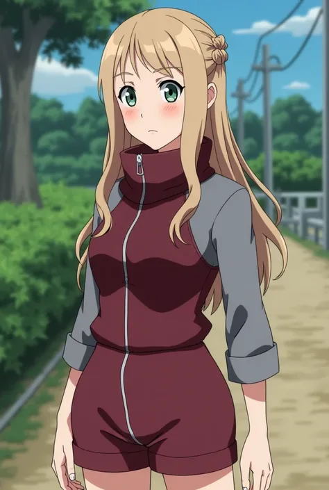  Naruto Shippuden anime capture , Make an 18 year old girl, very beautiful Korean ,  light complexion with brown freckles ,  green eyes, light brown hair with light brown locks,  dark blonde bangs on her forehead ,  long hair,  with small braids .,   is in...