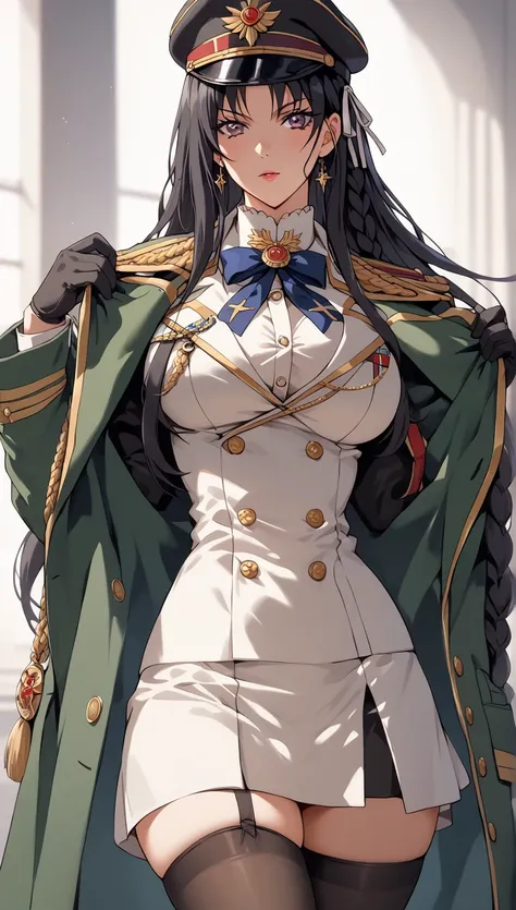 Score_9, Score_8_up, Score_7_up, Score_6_up, Score_5_up, Score_4_up, masterpiece, SUZUNE HORIKITA(Classroom of the Elite), hourglass figure, big chest, (Black Military Dress Coat (Double-Breasted) – A fitted coat with gold buttons and epaulets on the shoul...