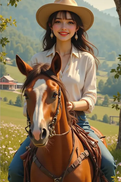 She is wearing a white shirt and jeans and is riding a horse.I'm smiling.It's a ranch with a view of a small country house.