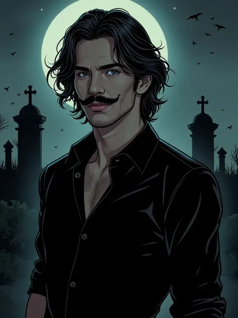  Ilustration of a tall and slender Caucasian man, French look , pelo largo repeinado, wearing a thin pen moustache ,  dressed in black shirt a slightly alternative air. Apoyado en una pala. De fondo un cementerio nocturno.