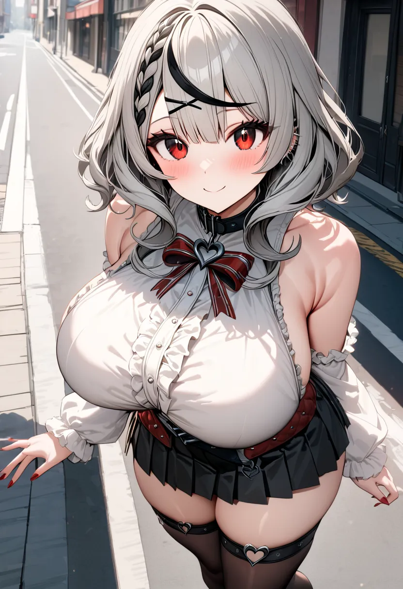 ( top quality , 8k , masterpiece , incredibly absurdres , perfect body , super detailed skin , highly detailed eyes and face , 1 woman ) ,  Sakamata Chloe , Silver Hair , red eyes , smile ,  will be happy , ( white ruffle long sleeve blouse ,  sleeveless t...