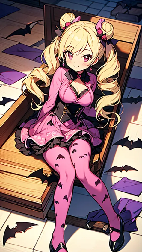  1girl ,  aikatsu style , Super high quality line and vivid color anime illustration, 
vampire young lady,demon wing,blonde hair,(long_twintail_drill_hair with bun),bat print pink pantyhose,pink legwear,bat-shaped hair ornament,huge_breasts, skirt, (( lie ...