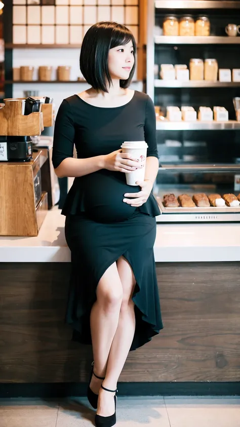 masterpiece, Best Quality, 8K,looking at the viewer,Japanese Lady,20 years old, huge pregnant, Voluptuous, coffee shop background, plain peplum shirt, midi skirt, sitting, short length hair