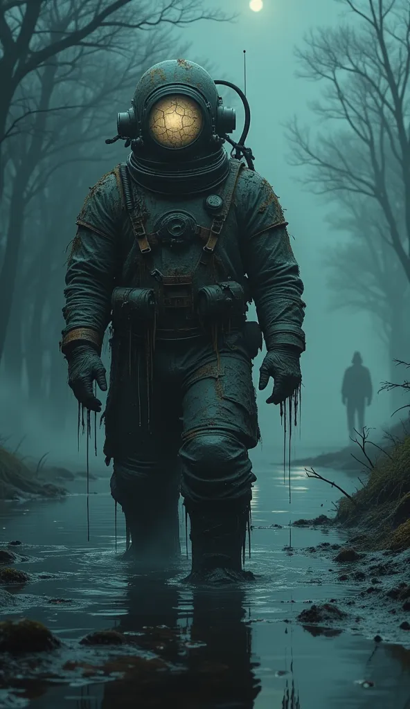 An ultra-realistic 4K horror scene of a ghostly deep-sea diver standing at the edge of a dark, misty river at midnight. The figure wears an old, rusted deep-sea diving suit, covered in algae, mud, and barnacles, as if it had been submerged for centuries. I...