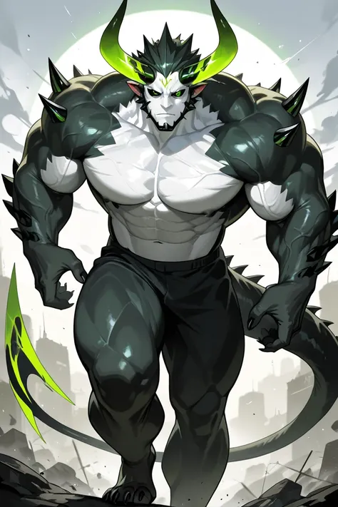 Giant muscular man, horned,  very white skin, green eyes with black sclera,  black claws,  a tail with a sharp tip,