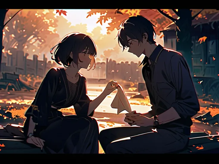 Abstract undetailed  " Create an image that represents a couple sitting on a worn wooden bench, in an abandoned park,  with an autumnal landscape in the background .  The couple must be holding hands ,  with melancholic and dreamy expressions .  The sunlig...