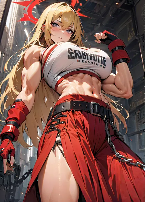 masterpiece,best quality,1girl,grey eyes, blonde hair, long hair, large breasts, muscular female, mole under eye, red halo,chest sarashi, red gloves, fingerless gloves, midriff, red hakama skirt, black belt, chain, clothes writing,Exabyte