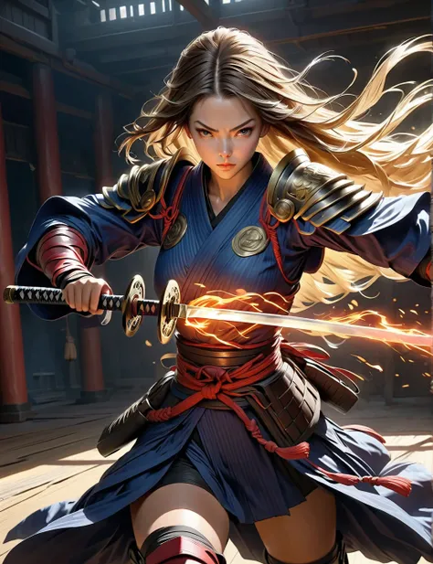 samurai girl wearing a kimono with shoulder armor, she's holding a katana glowing with red energy, her long hair is flowing in the wind, she stands in a dojo training for her next battle. (maximum ultra high definition image quality and rendering:3), maxim...