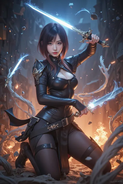 Create an ultra-realistic, highly detailed image of a female version of Kirito from Sword Art Online. She should wear a reimagined version of Kirito’s iconic black outfit, with sleek armor pieces designed for a feminine silhouette. The armor retains Kirito...