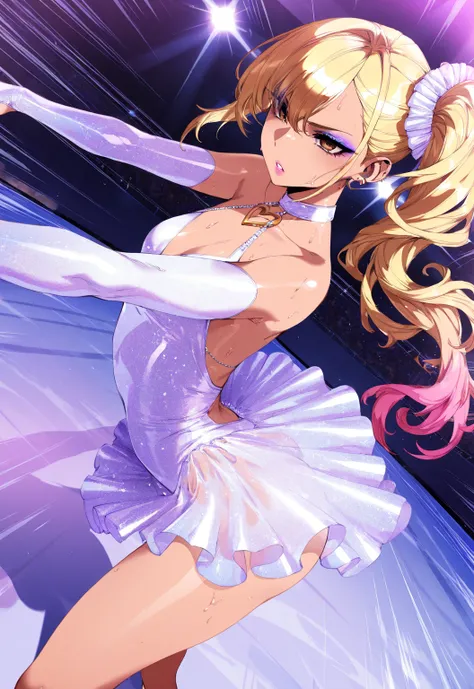 (sfw:1.5), makeup gyaru, cool beauty, solo girl, light skin, bee_wing, glitter white costume, figure_skating, gold hair, high side ponytail, slender, small breast, serious, parted lips, perspective, from side, Dutch angle, speed lines, sweat, fisheye