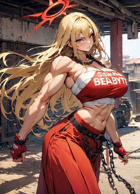 masterpiece,best quality,1girl,grey eyes, blonde hair, long hair, large breasts, muscular female, mole under eye, red halo,chest sarashi, red gloves, fingerless gloves, midriff, red hakama skirt, black belt, chain, clothes writing,Exabyte