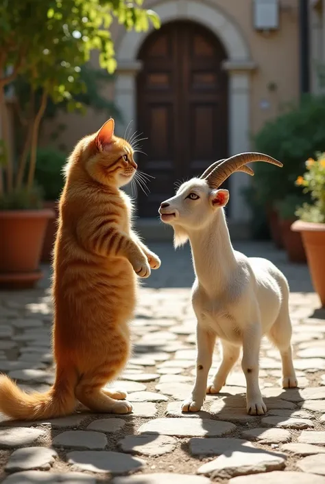 A chubby, orange tabby cat with thick fur stands on its hind legs in a defensive stance, facing off against a feisty white and brown goat. The setting is a rustic courtyard with cobblestone pavement, surrounded by potted plants and an old wooden doorway. S...