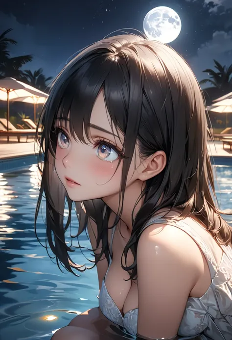 A high-quality anime illustration, 1girl, wearing a dress, (crouching by the poolside:1.2), from side, ((looking up at moonlight)), straight black hair, beautiful and detailed eyes, brown irises, a well-defined, (attractive face:1.3), (detailed beautiful f...