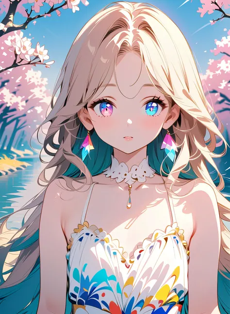 (  Absurdly ,  high quality ,  super precise ) ,( Handmade ) , 1  girl, Alone,  semi-long hair ,   Beautiful Crystal Eye in the Upper Left,  necklace,  dress,  colorful, HIGHEST DEFINITION ,  upper body , Along with the river and cherry blossoms, flat ches...