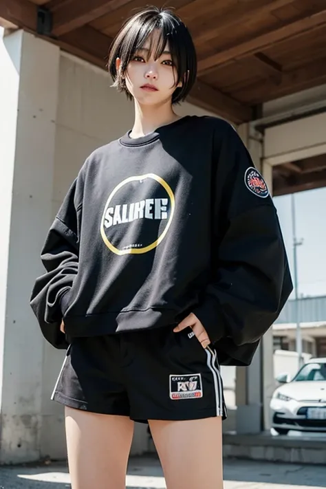   high res,   boyish ,    1 girl,  black hair, Sporty shortcuts,   asymmetrical hairstyle  ,  Asymmetrical bangs,   yellow eyes,  There are three circles in the middle of the eye,  Skater Style Street Fashion, slightly oversized bottoms,  standing,  futana...