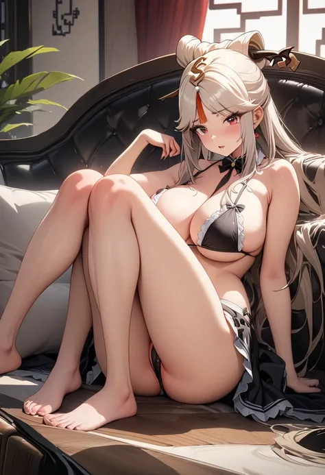 8k, masterpiece, best quality, ultra detailed, Ultra-high resolution, Highly detailed CG, break, 1girl, Ningguang\(genshin impact\), kawaii, nsfw, big breasts, slender, (maid bikini costume:1.2), full body, indoors, sitting on sofa
