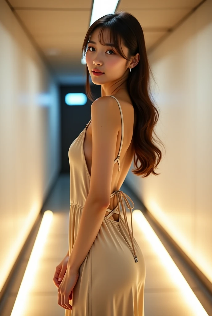 A25-year-old Japanese woman with a well-groomed face and large eyes that are characteristic and very beautiful

masterpiece best quality, photorealistic portrait featuring an adult female model standing in a sleek corridor at night or in low, warm lighting...