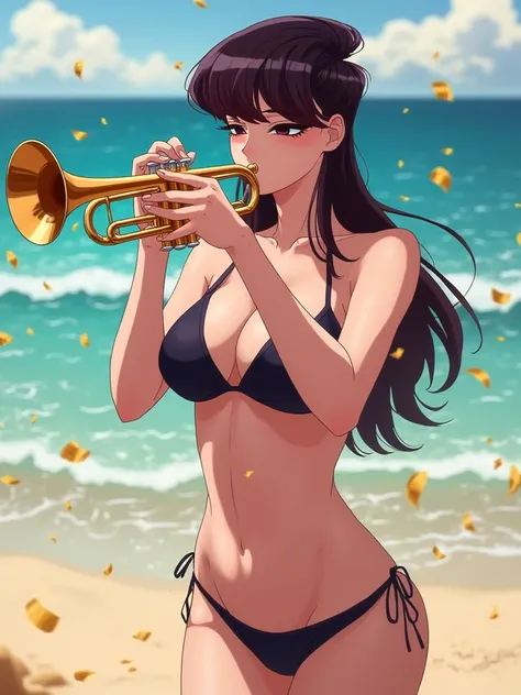 Create only realistic style girl  , ( playing trumpet), (  dynamic posture  ), (}  bikini black  ),   voluminous and curved body shapes  /(  dark brown hair , Smooth and elegant hairstyle  /)  chelka ,   puffy cheeks ( slightly open eyes ), ( holding a tru...