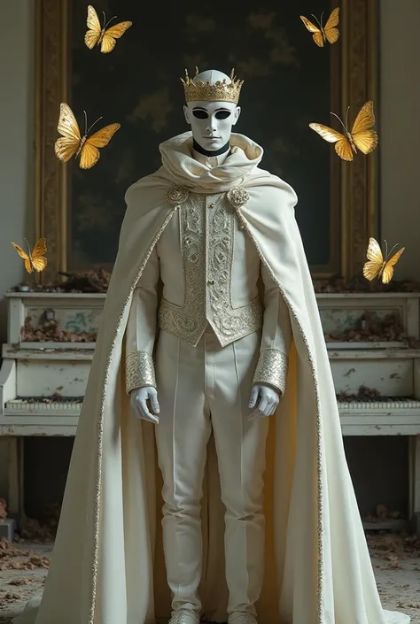 A gentleman in a mask, dressed like a king with a cape and hood in white and silver,  nine shiny gold-colored butterflies are around, a large room in an abandoned castle, broken musical instruments and a dirty white piano in the background.