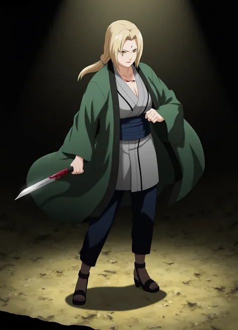  anime style illustration ,  ultra detailed ,  High Quality, Tsunade Senju from Naruto Shippuden,  standing with fierce and determined expression ,  wound on the side with blood dripping ,  holding a kunai in one hand ,  with a challenging look and strong ...