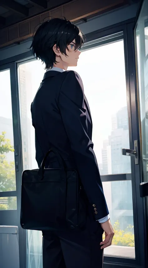 A man with standing black hair、18 years old、with darblue blazers、Watching outside window, Watching blue bright sky. Showing his back only.