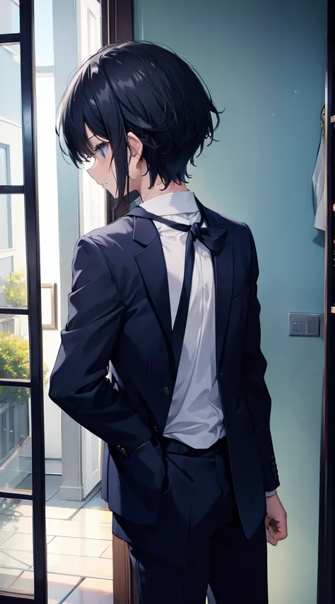 A man with standing black hair、18 years old、with darblue blazers、Watching outside window, Watching blue bright sky. Showing his back only.