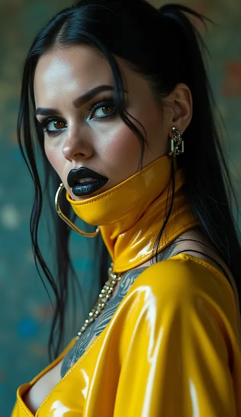 ANGELINA JOLIE, Dominatrix  , BDSM, blue yellow latex , brilliant, metallic, corps latex noir, leggings en latex noir,   latex Japanese latex kimono  , cuissardes Bottes en latex yellow pour les cuisses, yellow latex corset, heavy yellow corset neck coveri...