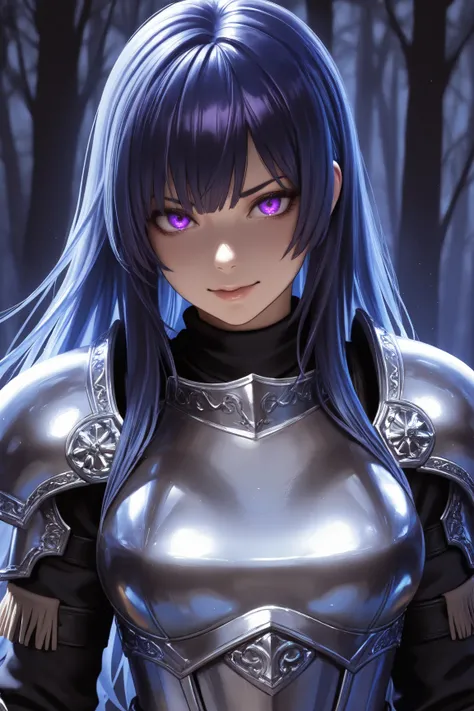 1 ,     alone,     Masterpiece,     fringe ,    ultra realistic, silky hair,    dark blue hair , a fringe  ,  a demonic warrior , a silver armor,  black fingerless gloves ,   bright purple eyes ,    medium breasts,    evil appearance,  a dark forest in the...