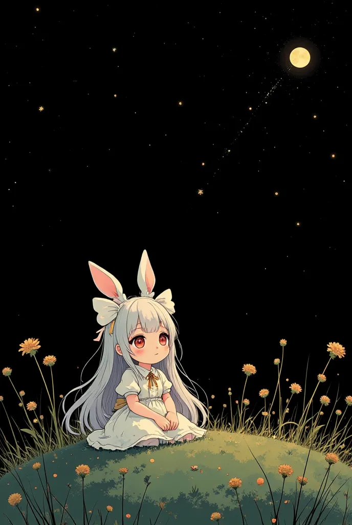 ( masterpiece, top quality:1.2), little cute rabbit girl , girl\((Big ribbons on the ears, cute ribbon、gold ribbon ),Rabbit tail , rabbit ears, very fluffy ears 、White Ear、 very long hair,Gray Hair,Warm deep red eyes ,  sparkling eyes, I closed my mouth, w...