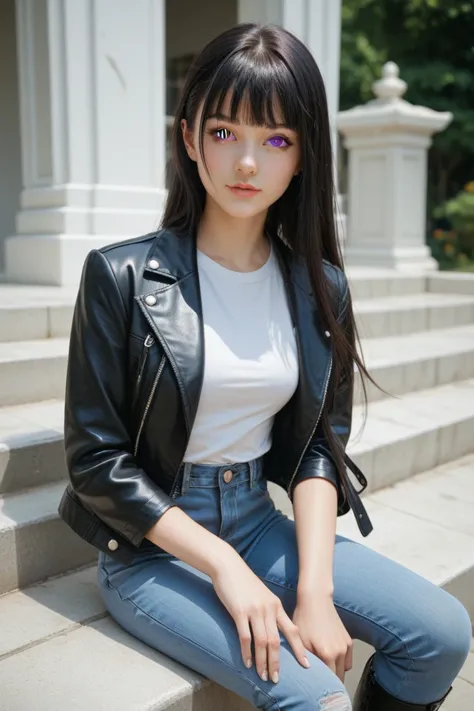  Young woman of Japanese ethnicity ,  light purple eyes ,  long black hair with a fringe on her forehead , beautiful and stylized face ,  her body is slim but elegant ,  wears a white t-shirt and above it a black leather jacket,  blue denim pants and milit...