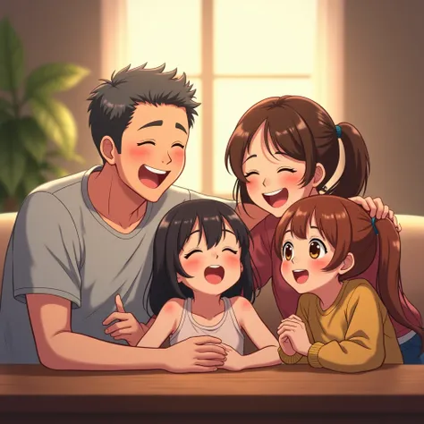 A cosy family，With a middle-aged man，Middle-aged women， two girls， anime characters，Laugh at each other