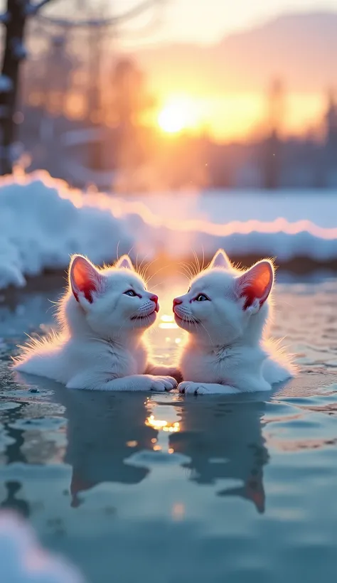 A snow-covered hot spring, with steam rising from the water, and white kittens relaxing in the warm water, frolicking in the bath, admiring the scenery, and spending a blissful time together. A fantasy illustration full of warmth and comfort, with a snowy ...