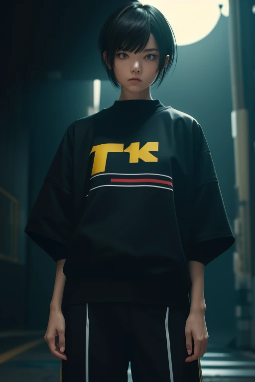   high res,   boyish ,    1 girl,  black hair, Sporty shortcuts,   asymmetrical hairstyle  ,  Asymmetrical bangs,   yellow eyes,  There are three circles in the middle of the eye,  Skater Style Street Fashion, slightly oversized bottoms,  standing,  futana...