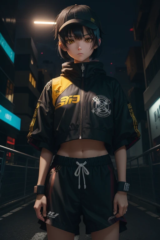   high res,   boyish ,    1 girl,  black hair, Sporty shortcuts,   asymmetrical hairstyle  ,  Asymmetrical bangs,   yellow eyes,  There are three circles in the middle of the eye,  Skater Style Street Fashion, slightly oversized bottoms,  standing,  futana...