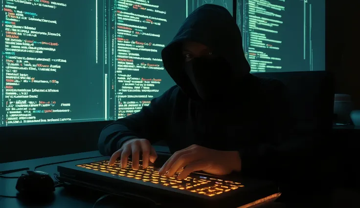 A hooded hacker typing quickly on an LED-illuminated keyboard. Behind him,  a giant screen shows codes flowing in green ,  creating an atmosphere of cybersecurity and digital invasion . The environment is dark and filled with technology .