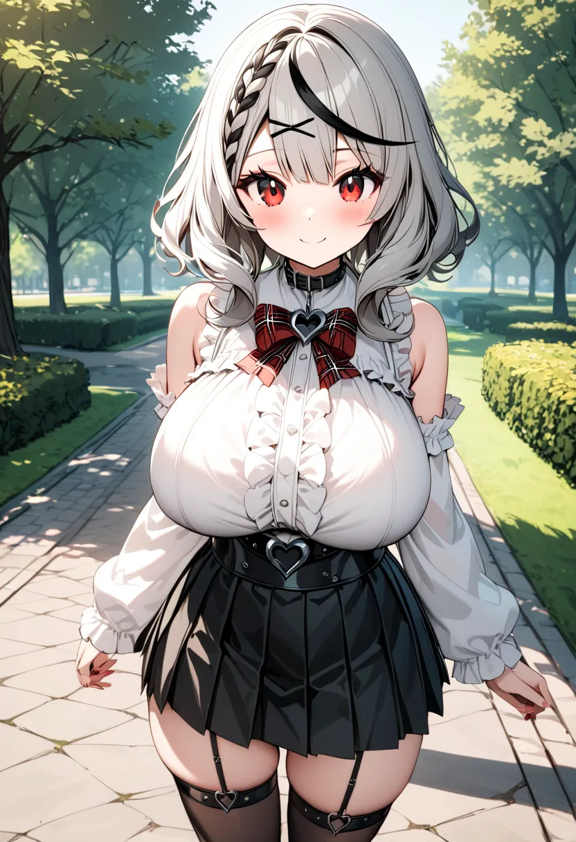 ( top quality , 8k , masterpiece , incredibly absurdres , perfect body , super detailed skin , highly detailed eyes and face , 1 woman ) ,  Sakamata Chloe , Silver Hair , red eyes , smile ,  will be happy , ( white ruffle long sleeve blouse ,  sleeveless t...