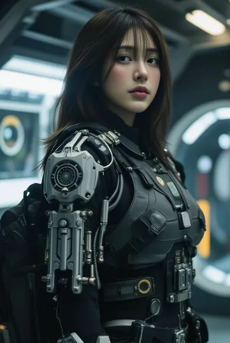 Realistic close-up photo, lots of detail, cyberpunk style. hideo kojima death stranding style. In the centre of the frame is a full-length Asian woman, she is standing on her front side. Her face is looking directly at us. In place of her right arm, she ha...